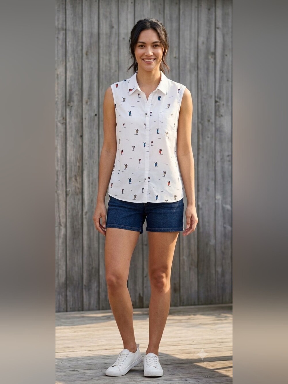 Marie Claire Cocktail Print Semi-Sheer Sleeveless Button-Down Blouse Size L